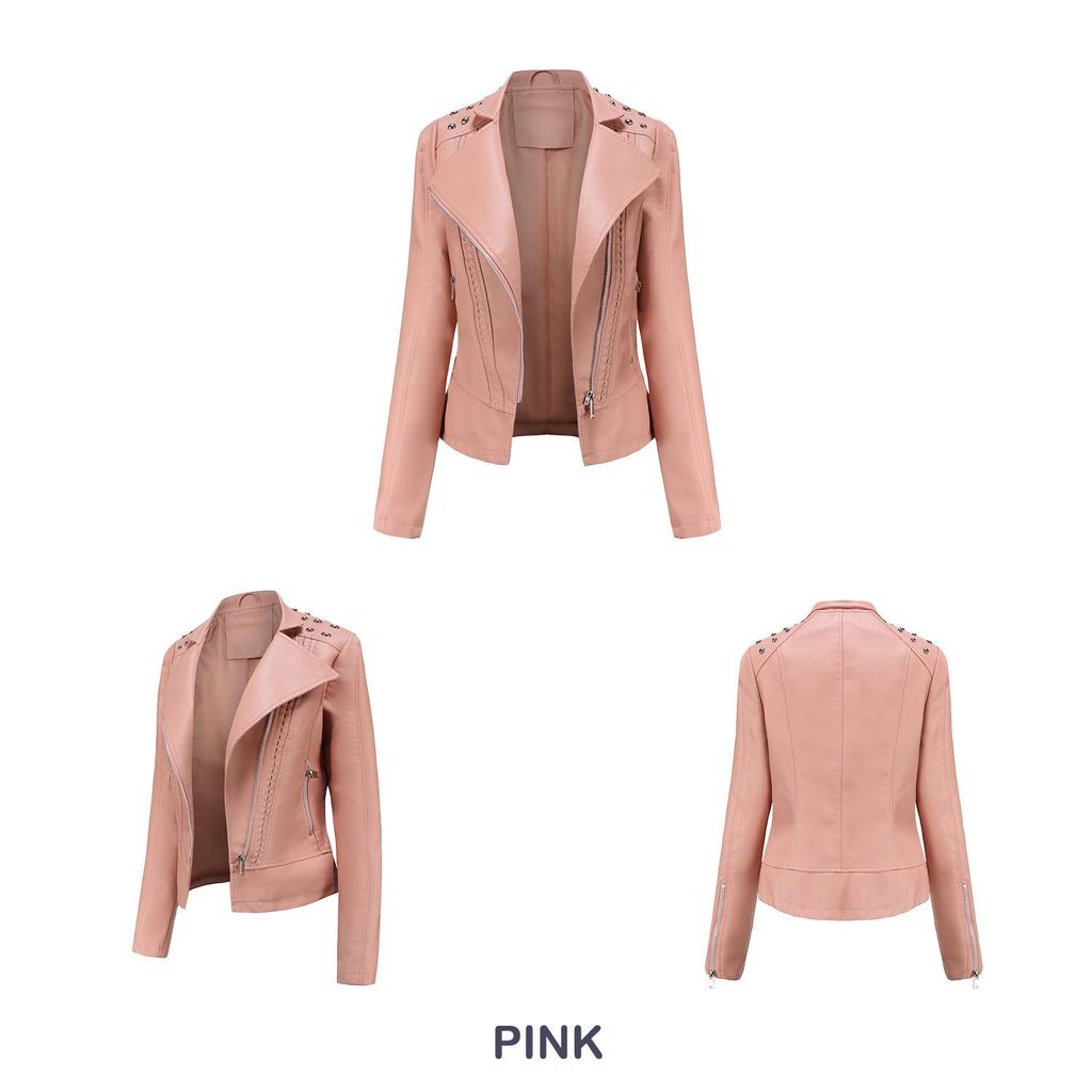 European Women's Beaded Leather Motorcycle Jacket - Long Sleeve, Lapel, Thin Fashion for Spring and Autumn 2023
