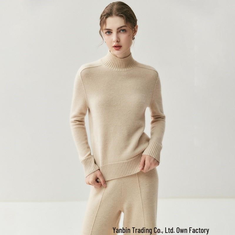 Elegant Women's Cashmere Sweater - Half-High Collar, Saddle Shoulder, Solid Color Knit for Autumn and Winter