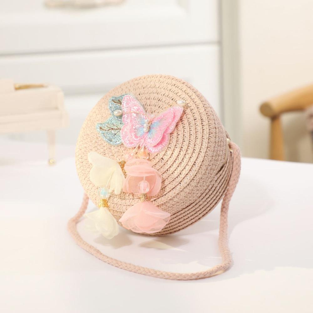Cute Lace Bow Straw Bag Hand-woven Lightweight Beach Bag Zipper Round Kids Crossbody Purse