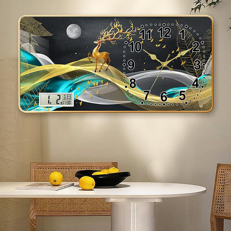 Creative Rectangular Wall Clock Living Room Crystal Porcelain Painting Wall Quartz Clock Silent Home with Calendar Silent Restaurant Clock