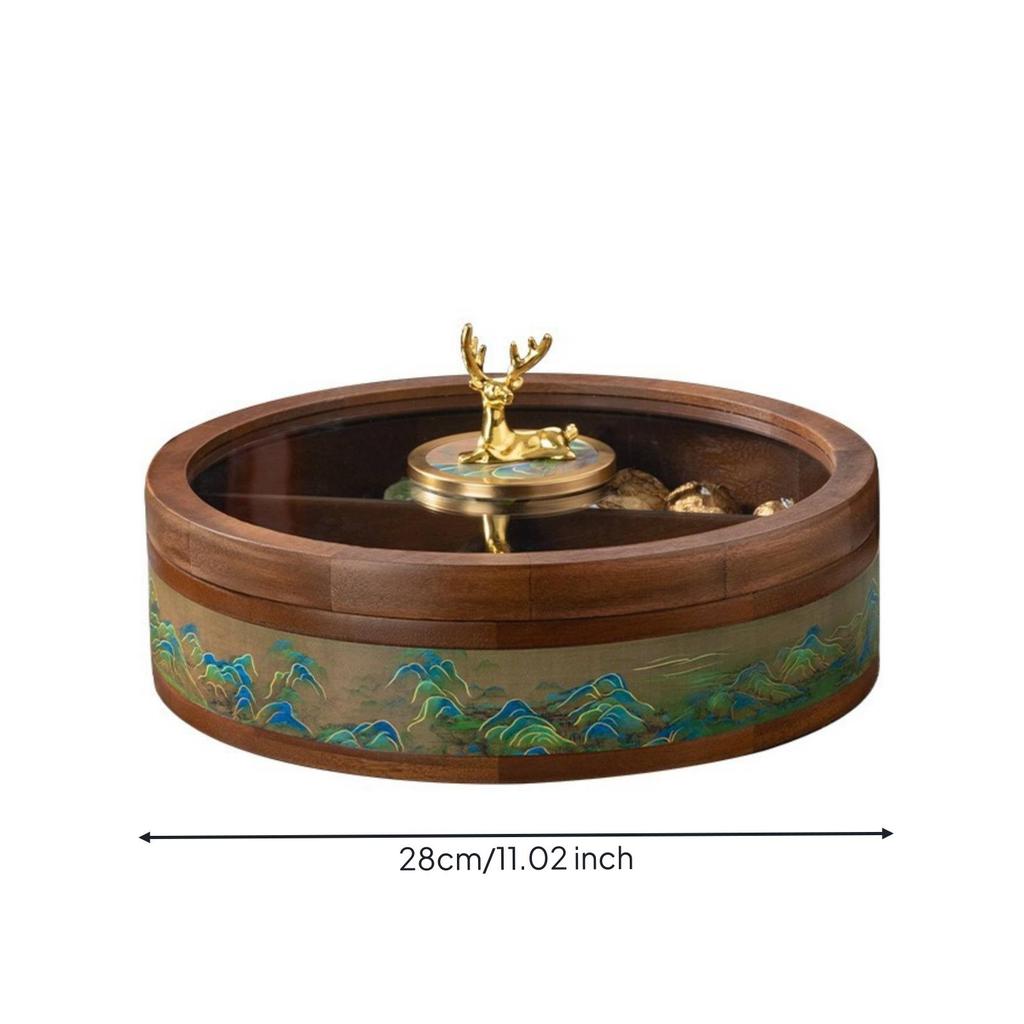 Wooden Snack Storage Box Multifunctional Round Divided Serving Tray with Lid Compartmentalized Dried