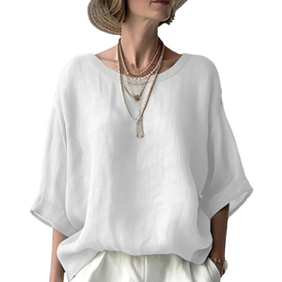 

Women Tops Round Neck Half Fit Pullover Tops Sleeve Loose Pure Color Soft Fabric Casual Blouse M белый
