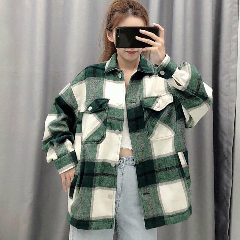 Women Plaid Oversize Woolen Shirts 