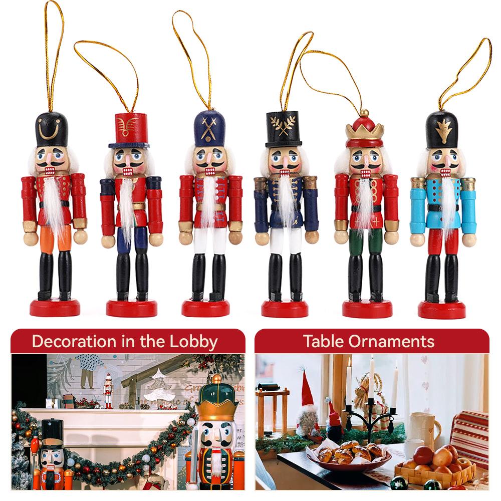 6Pcs Nutcracker Puppet Pendant Wooden Doll Christmas Nutcracker Figurines Handcraft Festival Kids Gifts Ornament Decoration