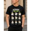 Men's Black Short Sleeve Crew Neck T-Shirt Featuring 9 Cartoon Sheep Characters with German Labels Like Chill Schaf and Happy Schaf, Soft Cotton Feel