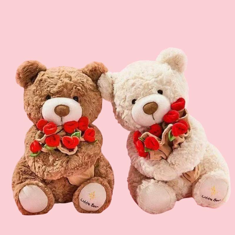30CM Höhe Romantischer Rosenbär Plüschtiere Abnehmbare Rosendecke Bouquet Bärenpuppe Liebliche Begleitpuppe Süßes Geschenk für Mädchen