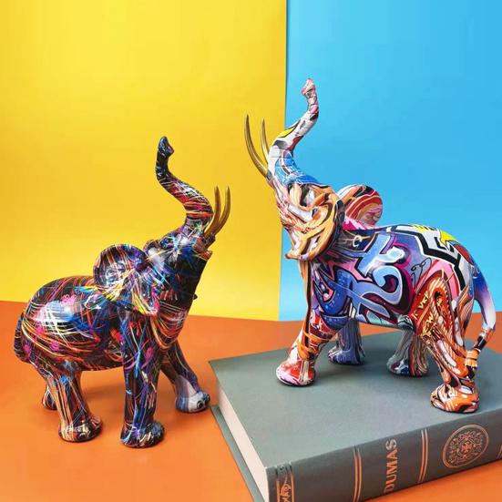 Creative Elephant Shape Statue Graffiti Pattern Good Luck Figure Synthetic Resin Display Mold Office Decor