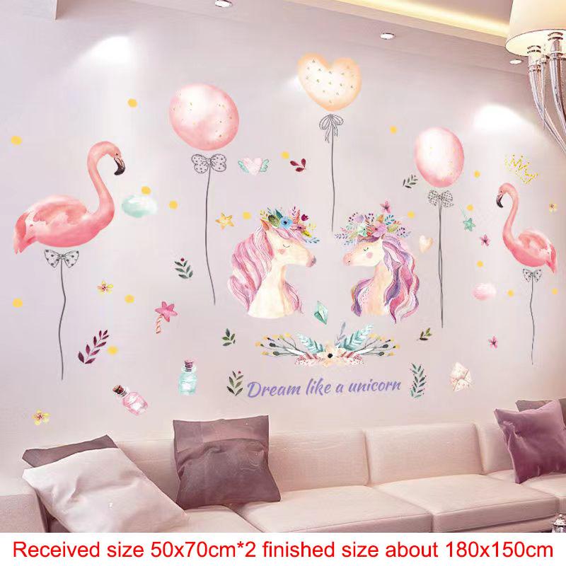 Pink Wall Sticker for Bedroom Girls, Unicorn Feather Princess Flowers Decal, Nursery Removable Wallpaper