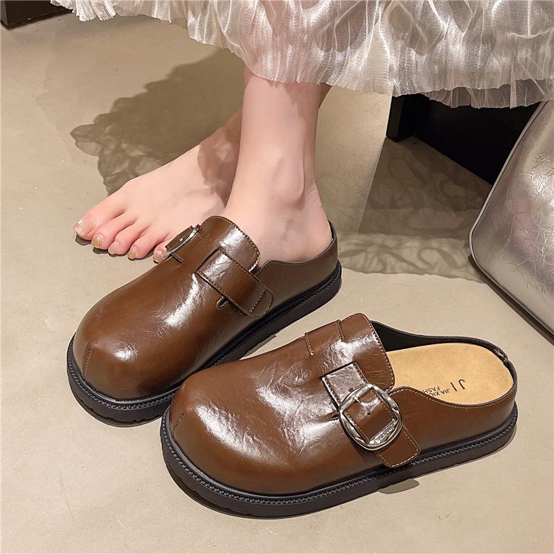 

Простая пряжка для ремня в стиле ретро, сумка, голова тапочек, женские осенние полушлепанцы, модные, на одном педале, для通勤, на толстой подошве, тапочки с любовью 40 коричневый