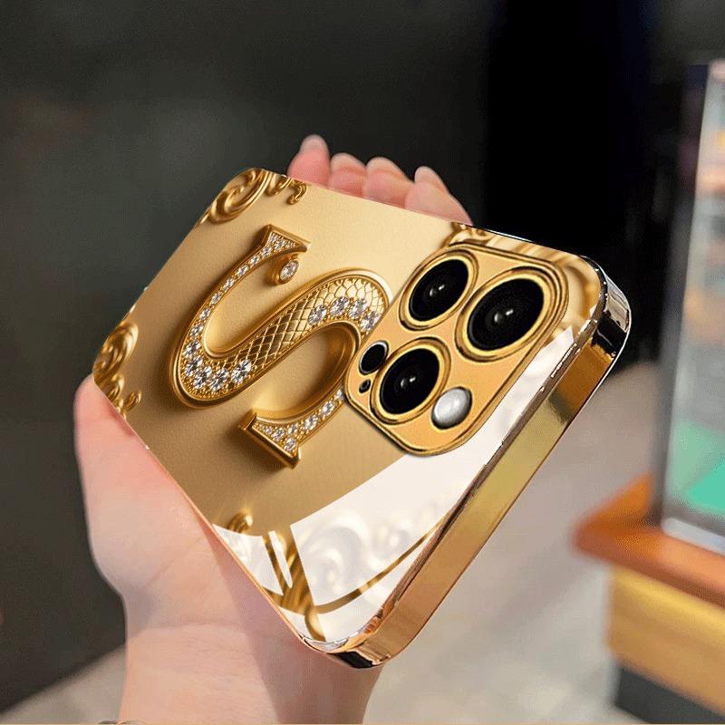 Golden Letter S Pattern Gold Metallic Paint Glass Phone Case For iPhone 17 16 15 14 13 12 11 Pro Max 16 15 Plus 17 Air 16E Cover