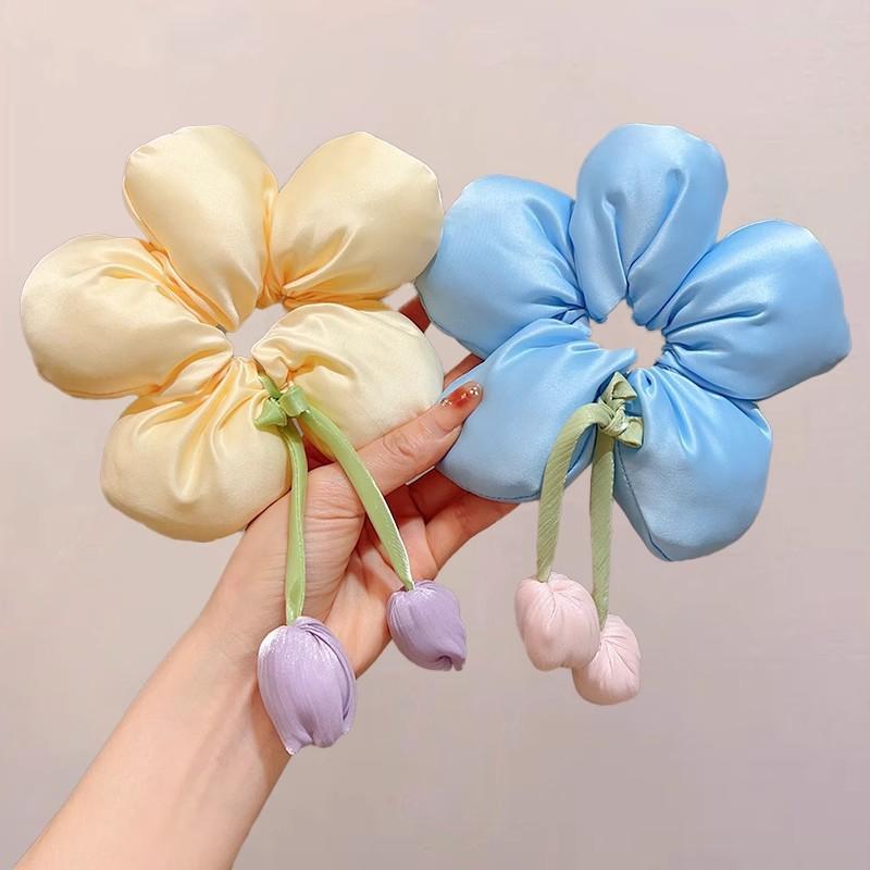 Sweet Gentle Women Tulip Flowers Ribbons Hair Scrunchies Fairy Bowknot Streamers Hair Ribbons Ponytail Holder Hair Accessories