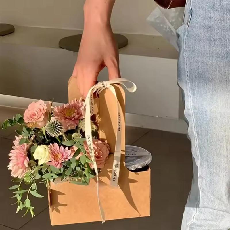 5/10pcs Kraft Paper Flower Bouquet Bags Portable Drink Coffee Take Out Holders Wedding Birthday Party Christmas Gift Packing Box