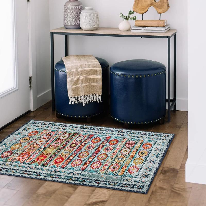 Modrozelený koberec Malé koberce Boho Koberce pratelné v pračce Protiskluzové pro vstupní halu Kuchyň Koupelna Ložnice Vintage Měkký Nízký vlas Modré Květiny Barevný