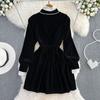 Herbst Winter Vintage Gericht Stil Hepburn Stehkragen Holzbesatz Spleißen Samt Kleid Frauen Weihnachten Rüschen Mini schwarze Kleider