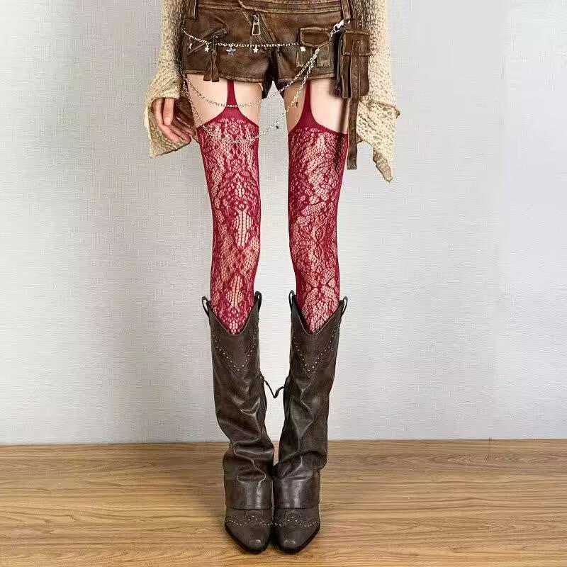 Retro Purple Jacquard Suspender Stockings - Sexy Irregular Ripped Y2K Pantyhose for Women