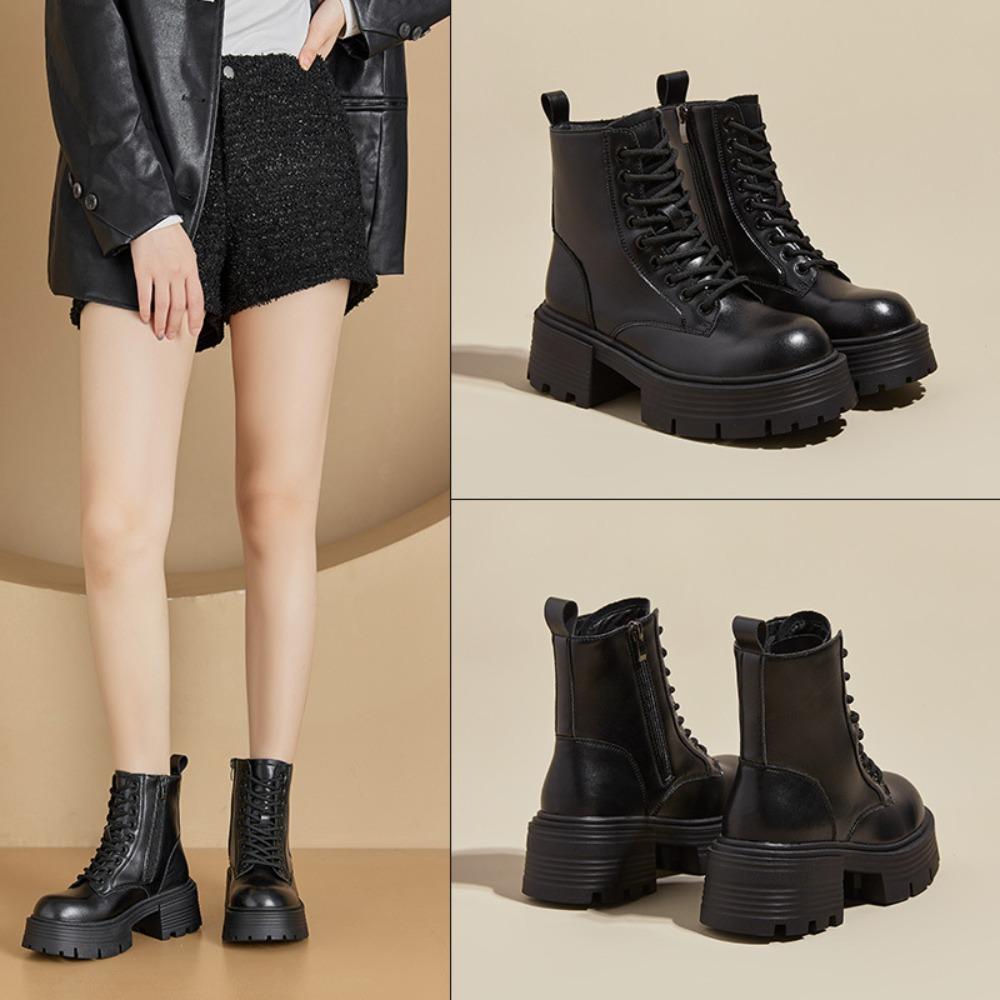 Women's Platform Boots 2025 Leather Platform Heightening Boots Women's Versatile Retro British Style Short Boots Platform Shoes
