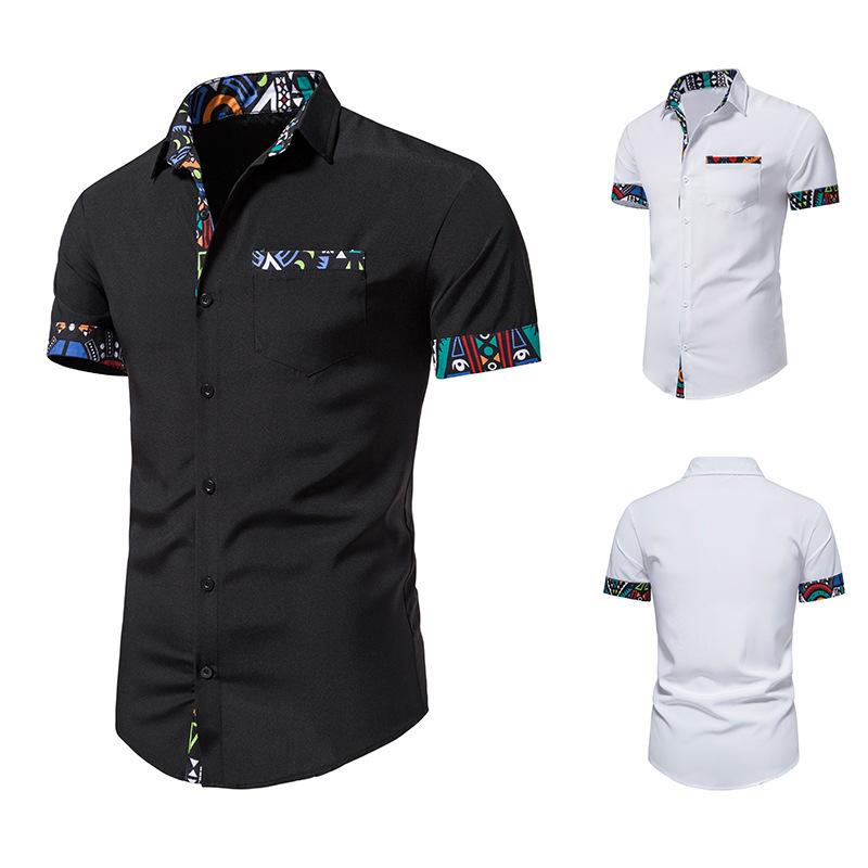 Summer Printed Men's Short Sleeved Shirt Splicing Design Short Sleeved Button Shirt