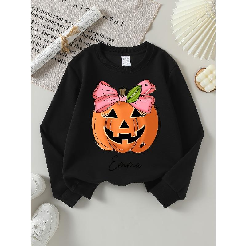 Kids Crewneck Long Sleeve Sweatshirt, Pumpkin with Pink Bow Print 110