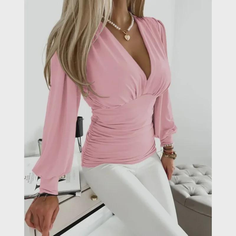 Dámská módní halenka s výstřihem do V a potiskem, s dlouhým rukávem, podzim 2023