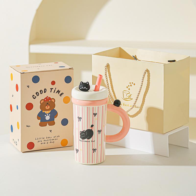 Large Capacity Cartoon Straw Cup with Lid Cute Mug High value Kitten Animal Ceramic Cup Set Gift