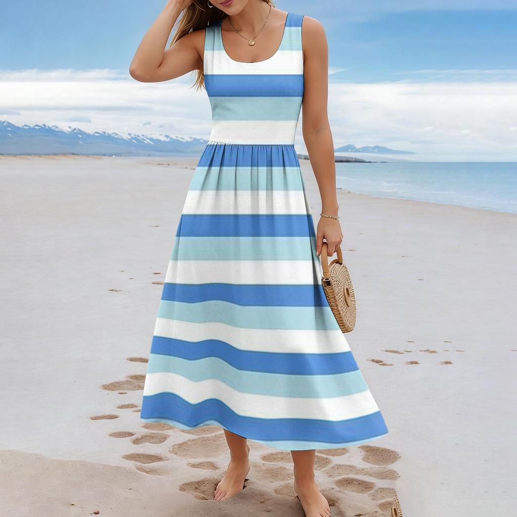 Ladies' striped summer casual and fashionable sleeveless long dress
