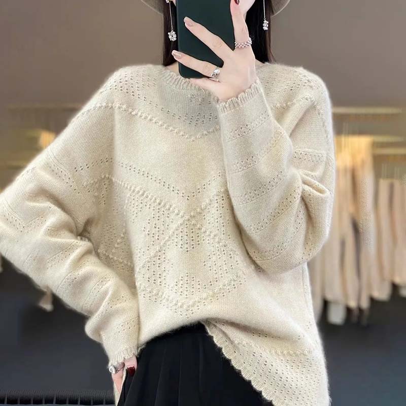 Rundhals-Jacquard-Hohlpullover für Damen, einfarbig, langärmelig, süßes Strick-Unterhemd, Herbst und Winter, neu