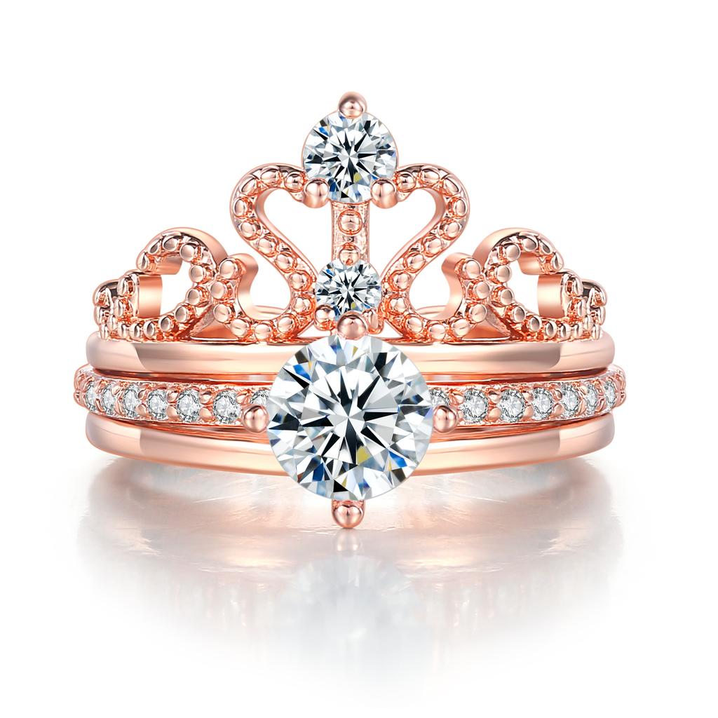 Luxury Iced Out Crown Princess Rings For Women Elegant Cubic Zirconia Stacking Engagement Wedding Ring Set Finger Jewelry R349