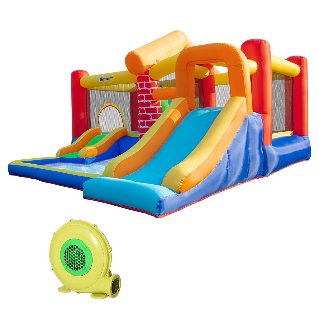 4 In 1 Kids Bouncy Castle Extra Large Double Slides & Trampoline Design Inflatable House Pool Climbing Wall with Blower Carrybag for Kids Age 3-8
