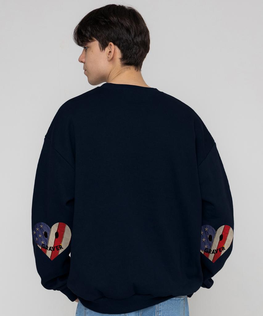 GRAVER [Unisex] Elbow American Flag Smile Heart Sweatshirt_Navy