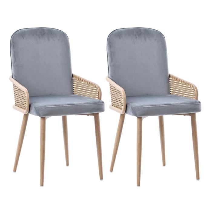 Chaise de salle à manger - MUVOE - Lot de 2 - Velours gris - Design rotin - Pieds en métal