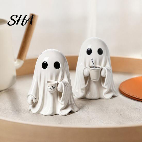 Resin Ghost Ornament Halloween Figurine, Spooky Cute Statue, Funny Creepy Retro Style Decor Tabletop for Home Shelf Party Haunted House Unique