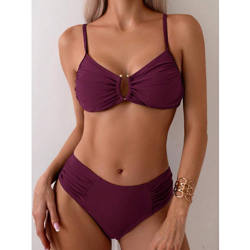 2025 Europäische & Amerikanische Sexy High Waist Einfarbige Bikini Bademode für Frauen