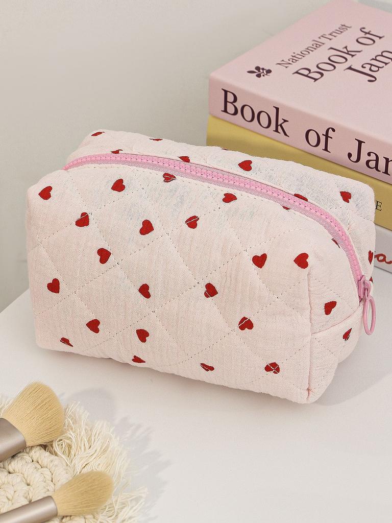 Floral Heart Print Cotton Makeup Bag For Women Travel Large Capacity Cosmetic Storage Bag Wash Pouch Student Stationery Pen Bag