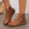 Women'S Autumn Winter Pu Leather Ankle Round Toe Lace Up Retro Work Shoes Woman Comfortable Flat Heel Casual Short Boots 43