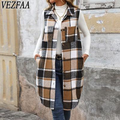 Women's Fashion Casual Plaid Print Autumn Winter Sleeveless POLO Neck Jackets & Coats