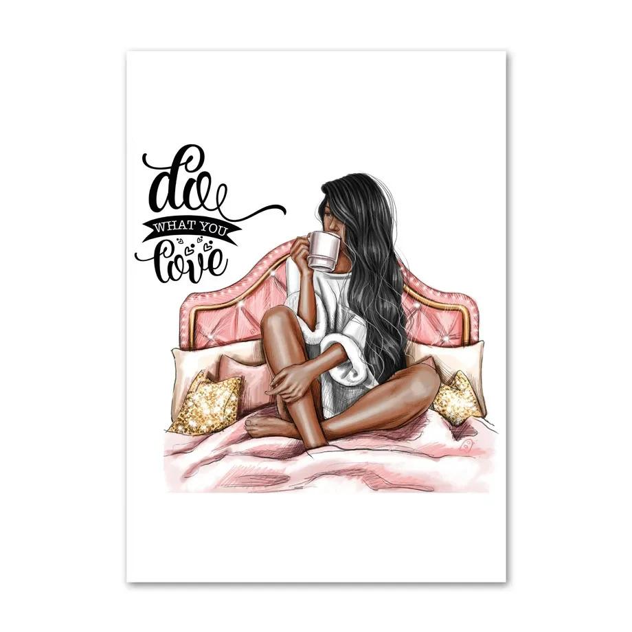 Flowers Black Girl Coffee Goblet Illustration Fashion Art Canvas Painting Nordic Posters Prints Wall Pictures Living Room Decor