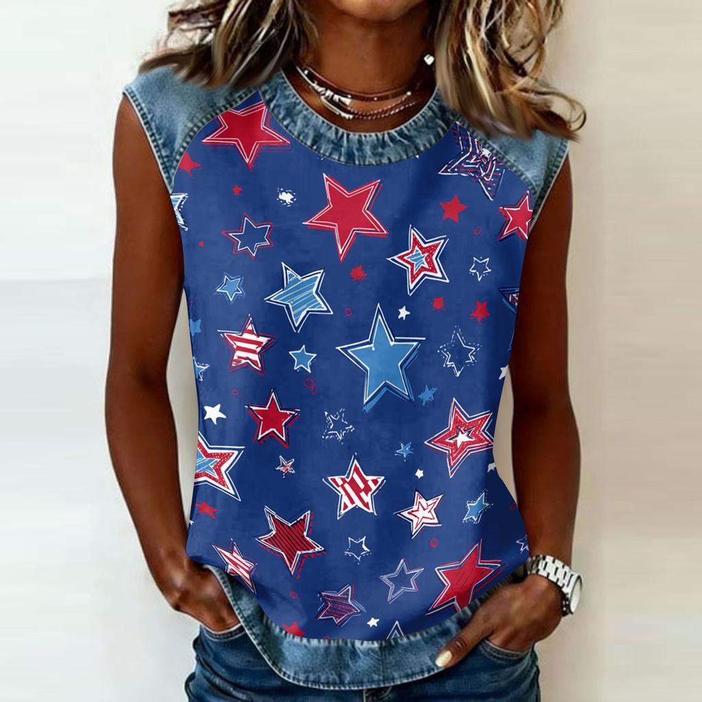Women Sleeveless Pullover Tank Top Casual Round Neck Star Print Shirt Lightweight Summer Blouse Relaxed Fit