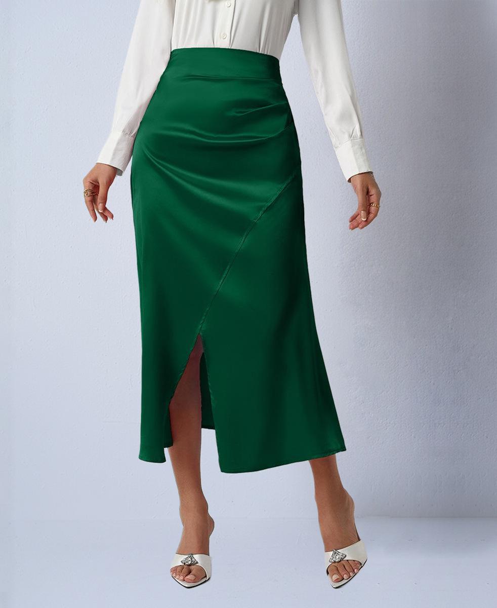 

European & American Women s Satin Midi Skirt - Autumn Pleated, Slit Fishtail, Hip-Hugging Design with Zipper XL зелений