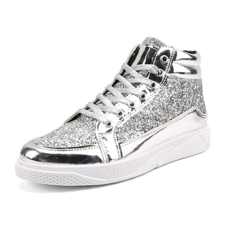 Men High Top Sneakers Male Ankle Boots Gold Luxury Glitter Shoes Streetwear Hip Hop Casual Boots Chaussures Spring