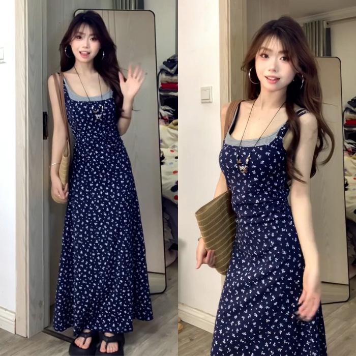 Fake two-piece sleeveless suspender floral dress women's summer new seaside vacation high-end long dress