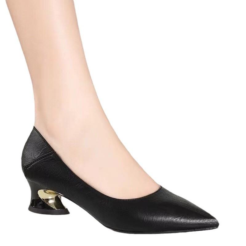 Pointed Toe Shallow Mouth Square Heel Leather Shoes Women's Elegant Fashion High Heels Dress Office Shoes Zapatos De Mujer