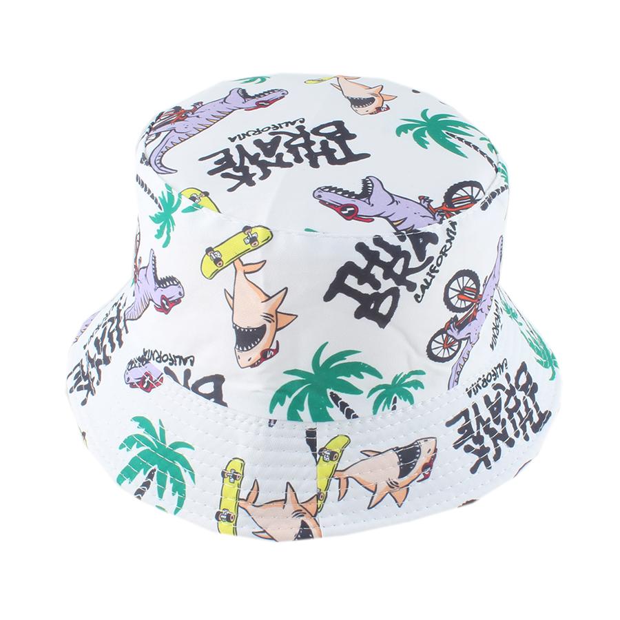 Summer Cotton Sun Hat For Kids Boys Girls Double Sided Bucket Hat Cartoon Cute Dinosaur Print Fisherman Cap Panama Chilldren