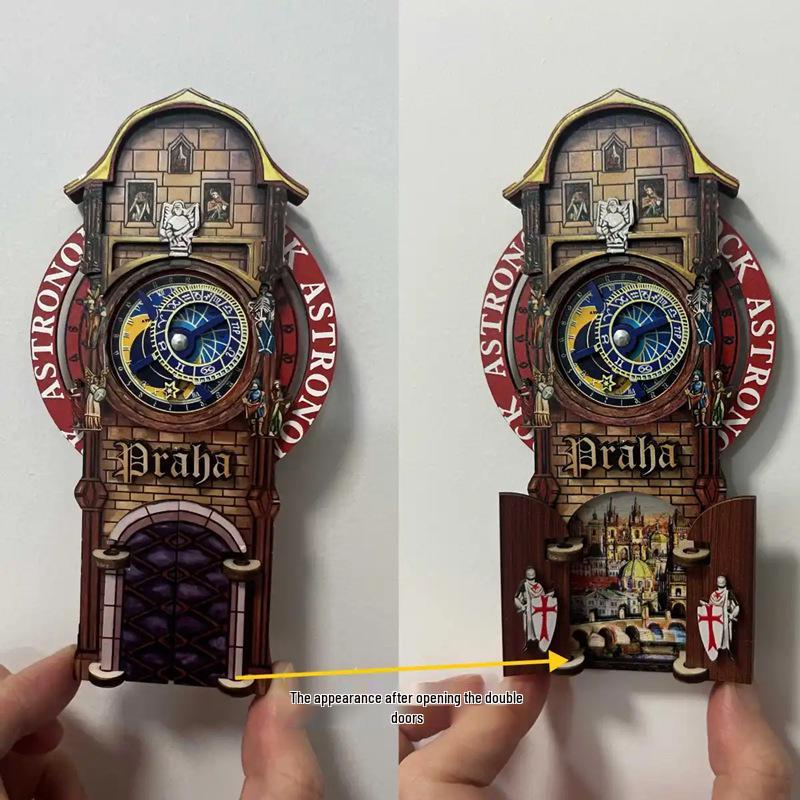 Prague Astronomical Clock 3D Wooden Magnet with Rotating Gears - Czech Travel Souvenir