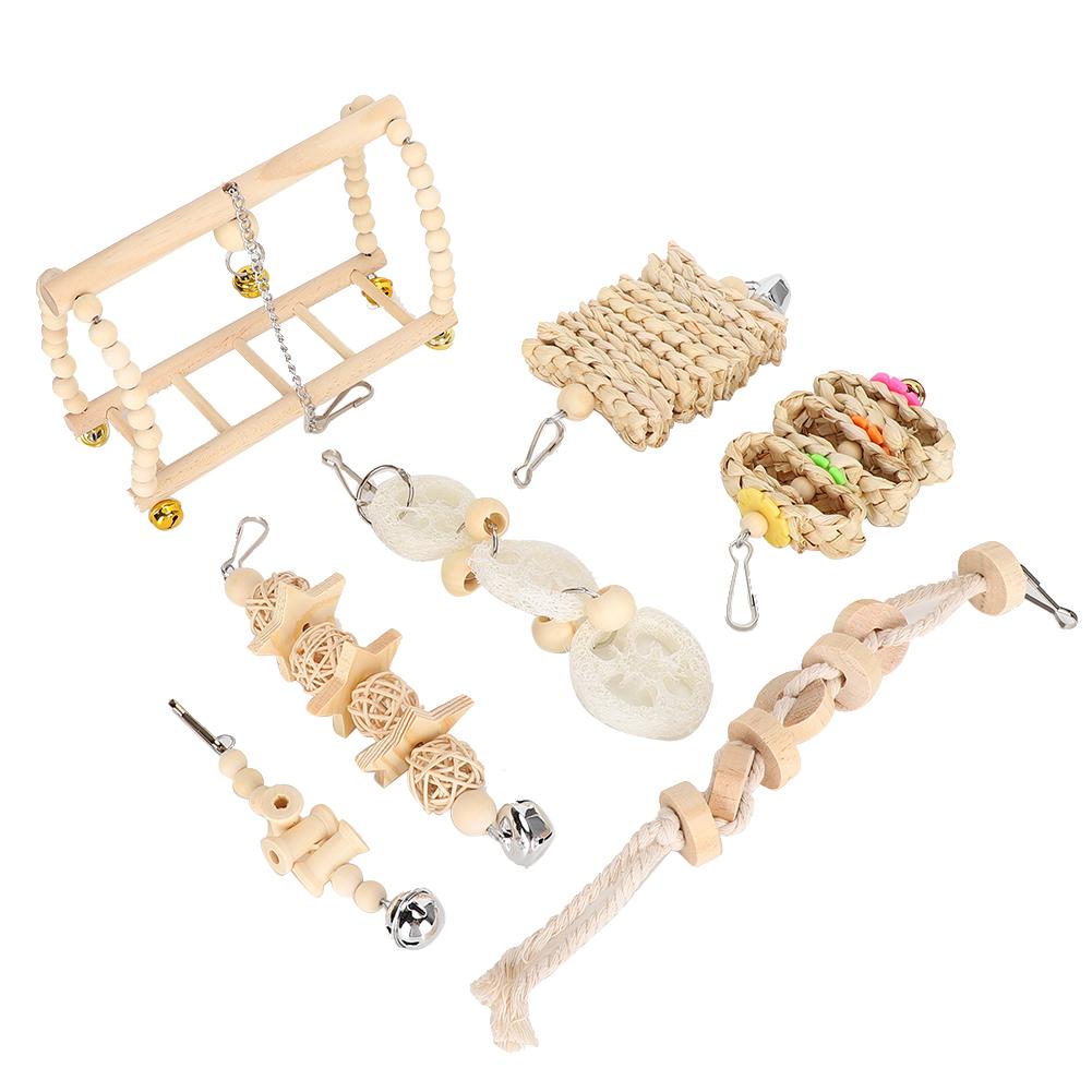 7PCS/Pack Parrot Toy Set Hanging Swing Bells  Wooden Bridge Chewing Parts Supplies