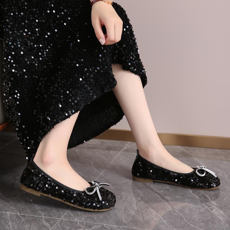 Fashion Shoes Female 2025 Fashion Shallow Women's Flats New Daily Plus Size Sequins Butterfly-knot Light Soft Bottom Flat Low Heels
