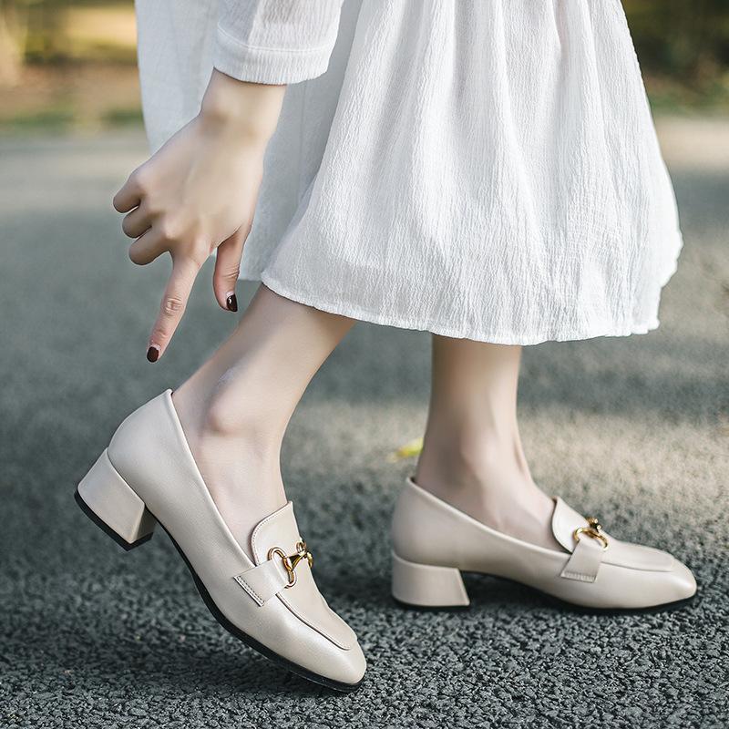 Coarse Heel Soft Sole Black Small Leather Shoes Women's Square Head Middle Heel Versatile Single Shoes Spring and Autumn New Models