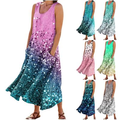 Women's Summer Loose Round Neck Printed Sleeveless Large Swing Dress With Pockets