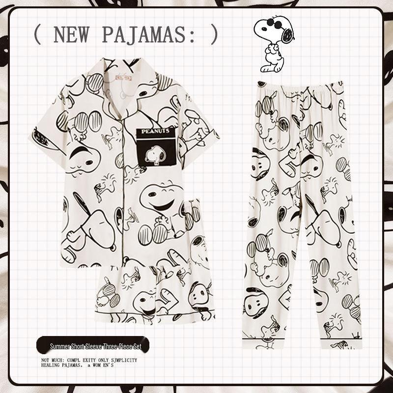 Pastoral Women's Pajama Set: Soft, Cute Rabbit Design, Short-Sleeve, Casual Three-Piece Loungewear.
