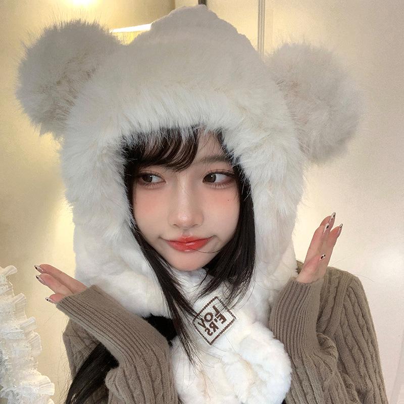 

Осень и зима Шапка Лей Фэна с медвежьими ушками Женская плюшевая шапка Шарф Интегрированная теплая шапка-пуловер Милый универсальный набор из двух предметов