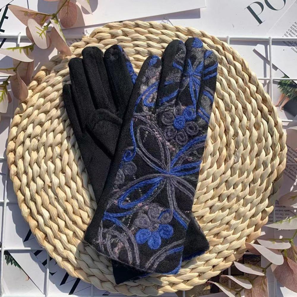 Colorful Pattern Warm Gloves Embroidered Women Mittens Ethnic Style Outdoor Cycling Gloves